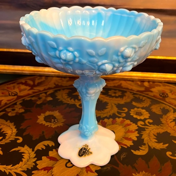 VTG Fenton Blue White Swirl Marble Glass Rose Pattern Tall Scalloped Bowl Signed